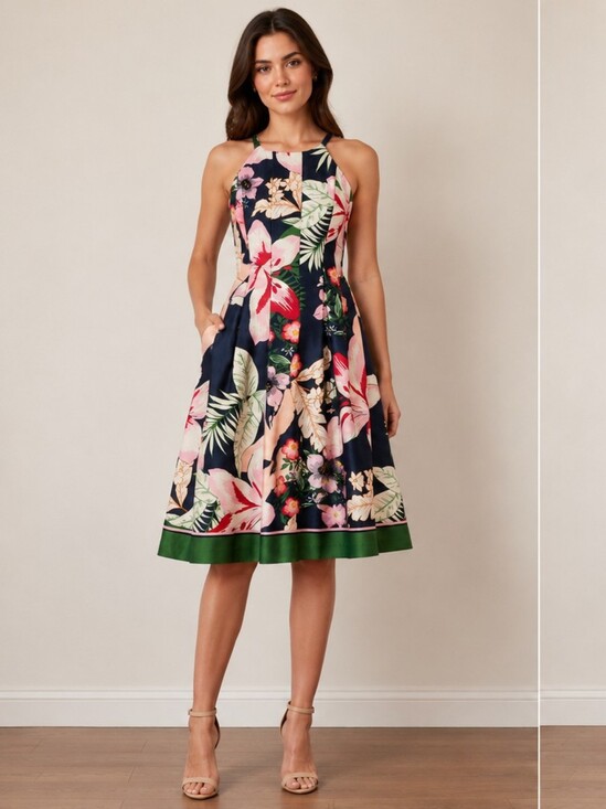Vince Camuto Dresses & Skirts - Vince Camuto Navy Floral Halter Midi Dress with Green Trim